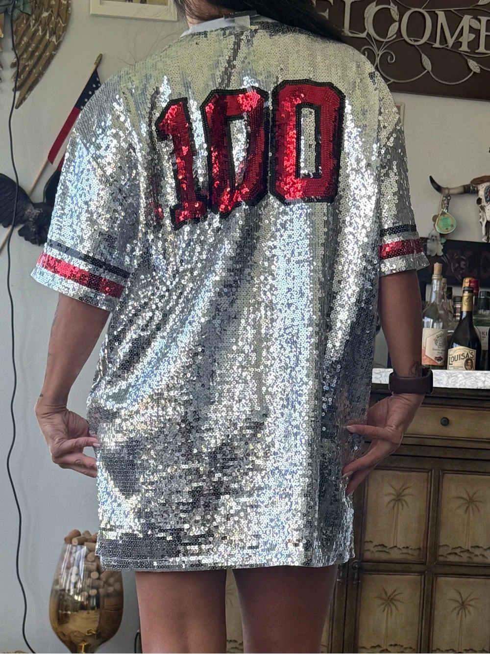 Louis Vuitton Silver Sequin Mickey Mini Dress with Black & Red Accents